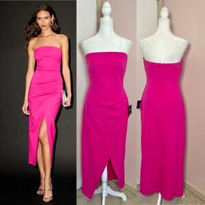 Farah Hot Pink Strapless Tulip Midi Dress by Lulus